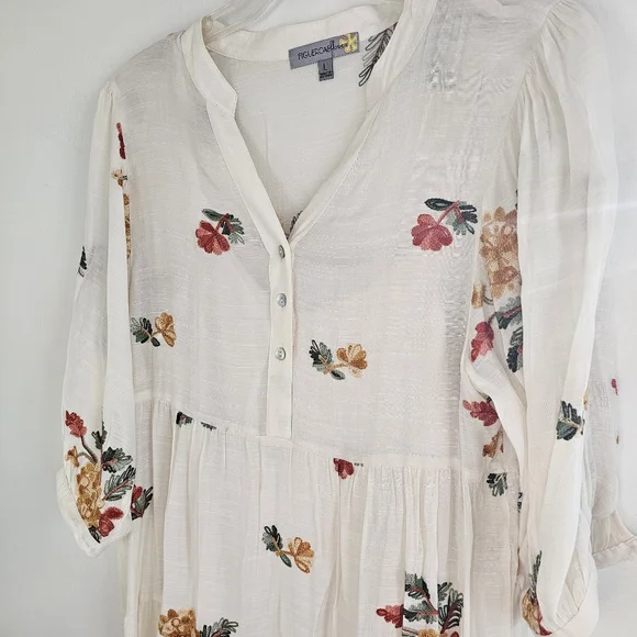 NWT Figueroe & Flower Floral Beige 3/4 Sleeve Embroidered Tier  Dress Size Large - Picture 3 of 11